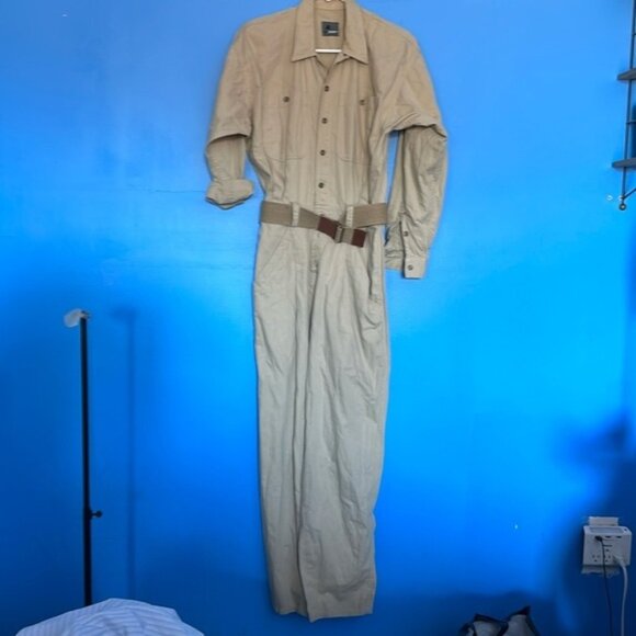 Liz Wear by Liz Claiborne Vintage Jumpsuit Beige Small Button Front Retro - Picture 1 of 4
